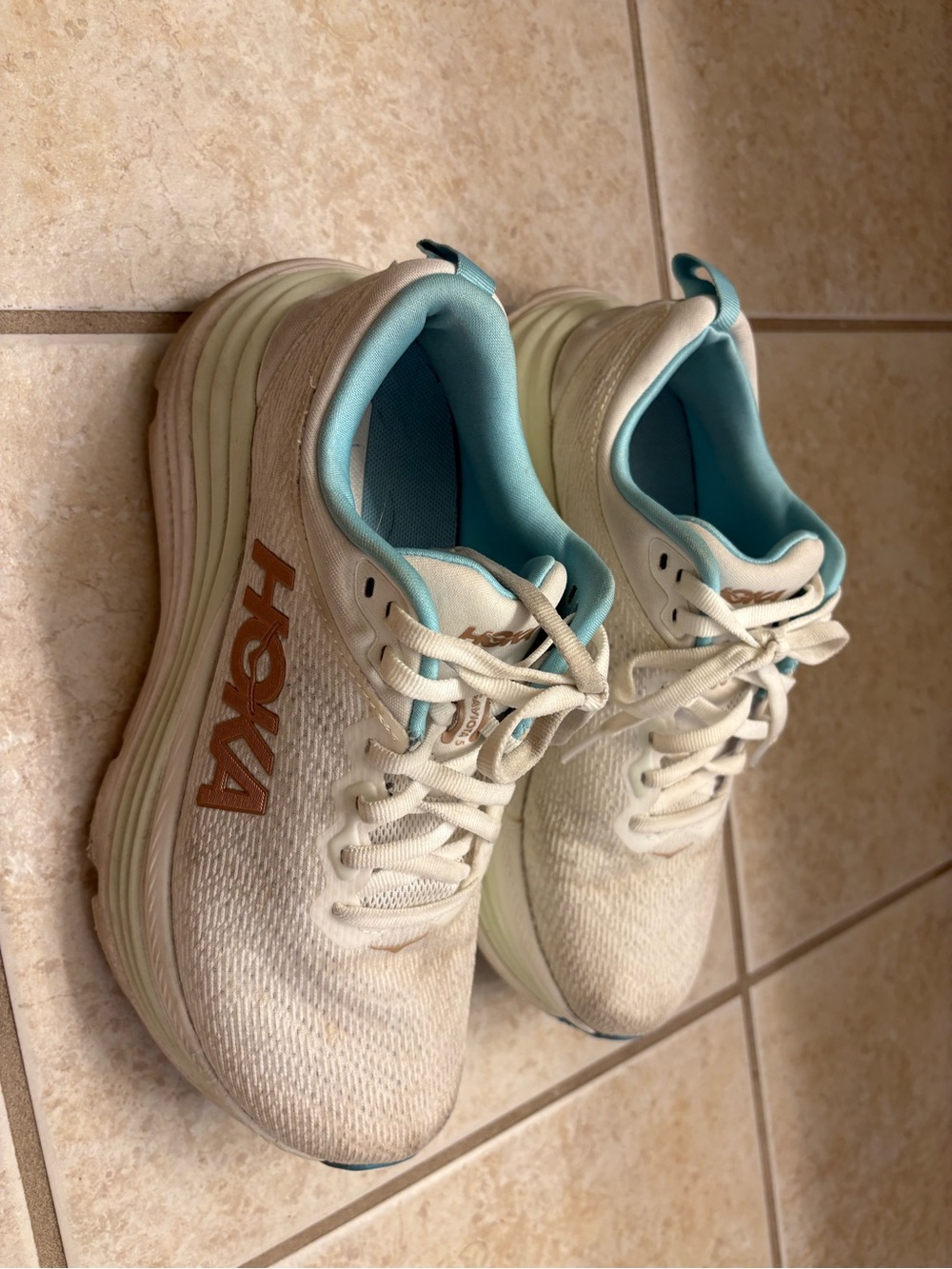 Hoka One One Women's White and Aqua Running Sneakers with Copper Logo